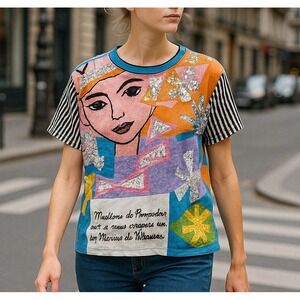 Vintage 80s Jou Jou Sequin Graphic Tee Womens Large Art Pop Abstract Top